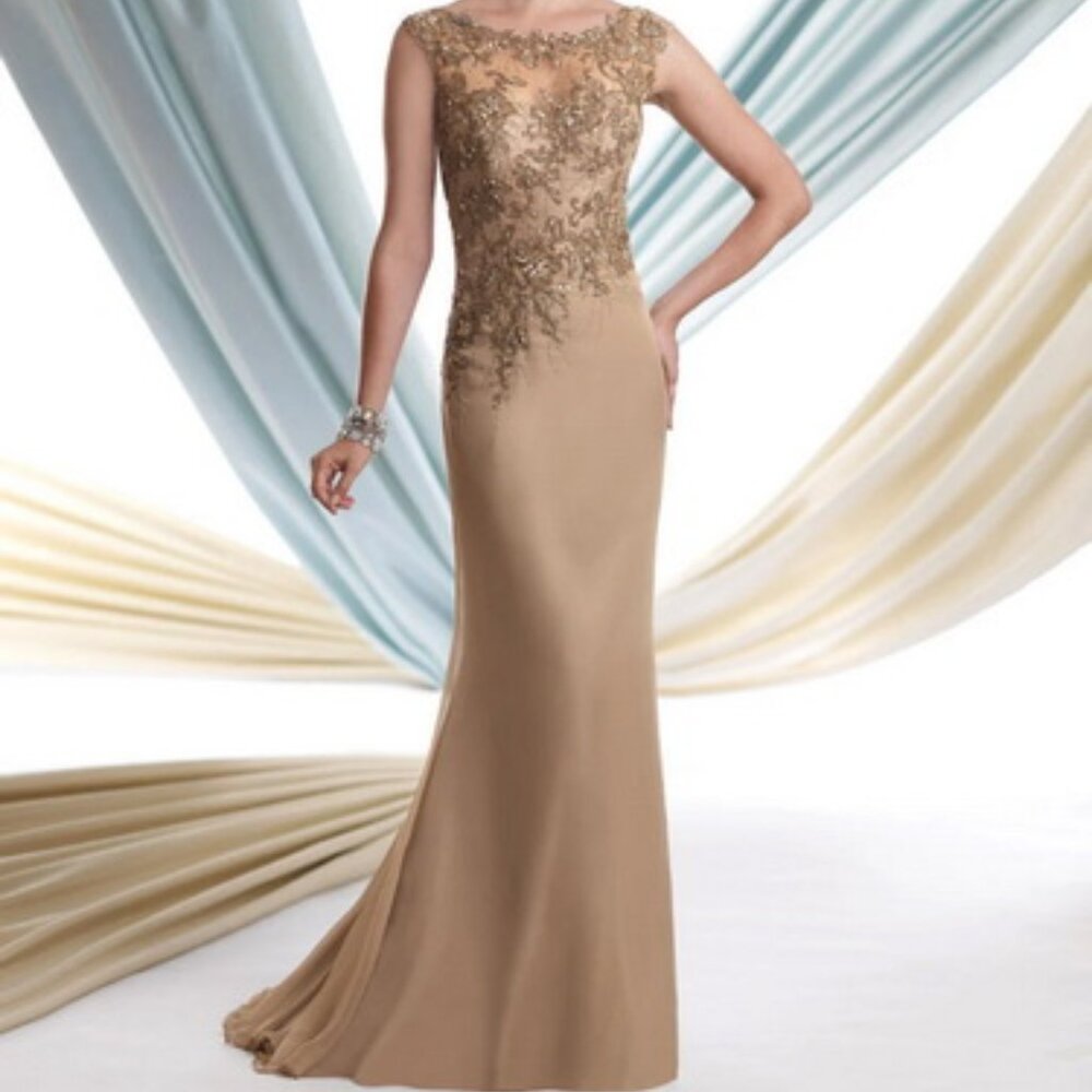 Montage By Mon Cheri Taupe Beaded Embroidered Chiffon Gown